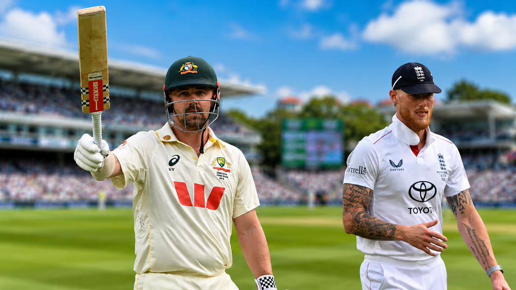 Australian batsman raises his bat as an England cricket player stands nearby during a Test match