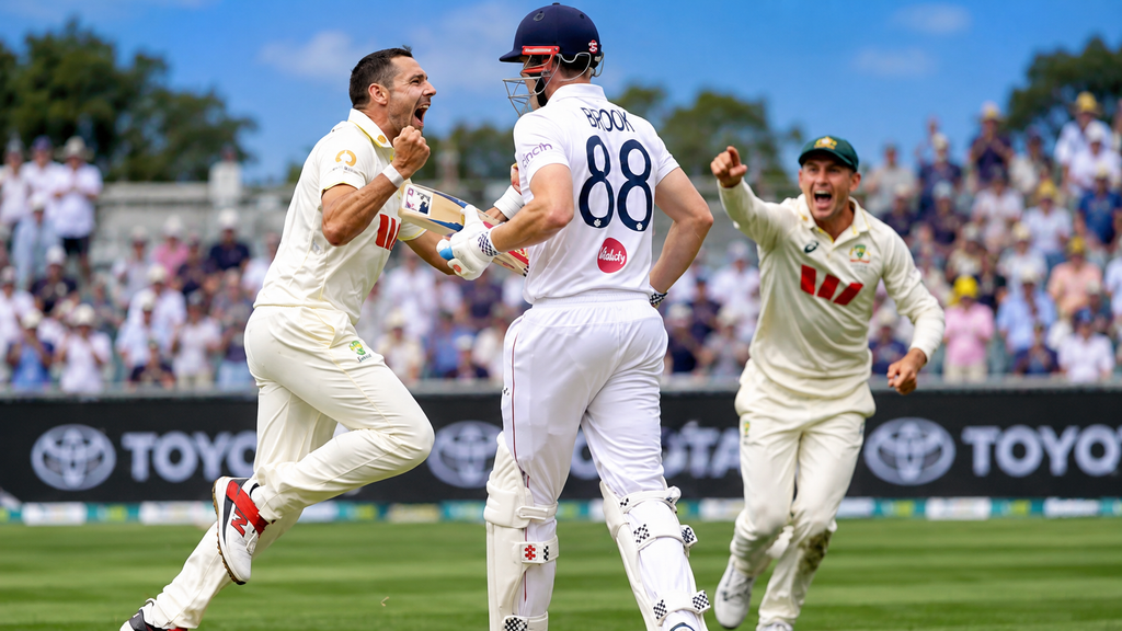 Australian cricket players celebrate during an England batting innings in a Test match