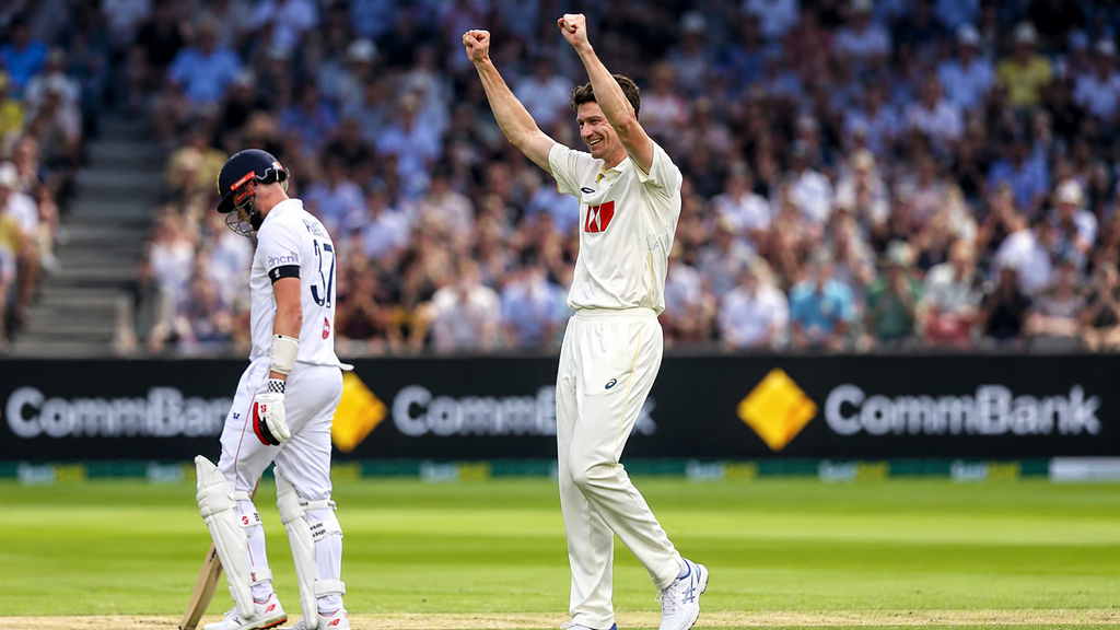 Australian bowler celebrates a wicket while England batsman walks away during a Test match