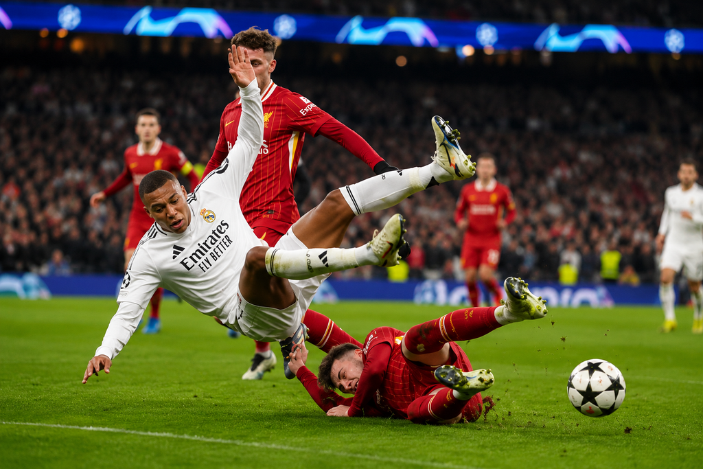 Football players competing during an intense Champions League match