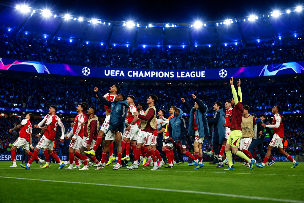 Champions League trophy displayed inside a football stadium