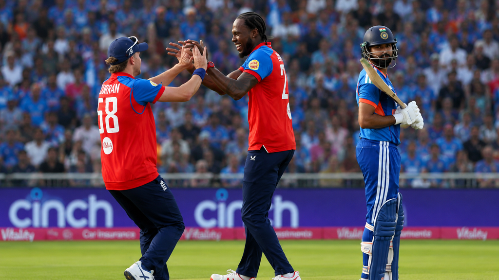 England and India players in action during an international cricket match