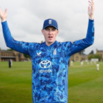 Harry Brook playing cricket for England during an international match