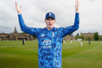 Harry Brook playing cricket for England during an international match