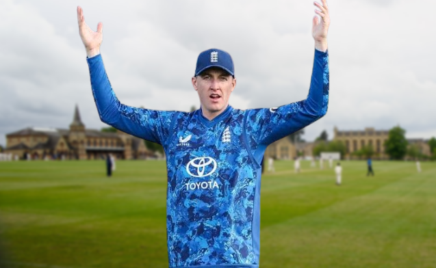 Harry Brook playing cricket for England during an international match