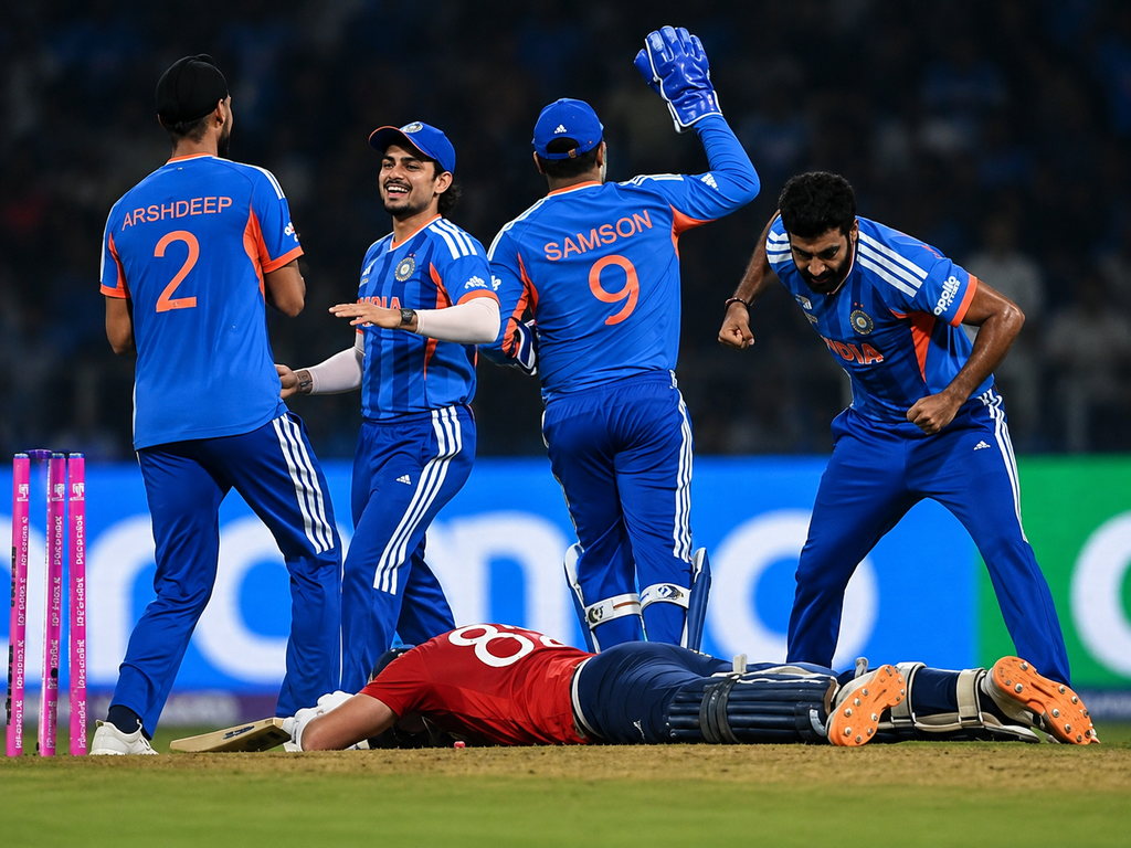 Indian cricket team celebrating a wicket in an IND vs ENG match