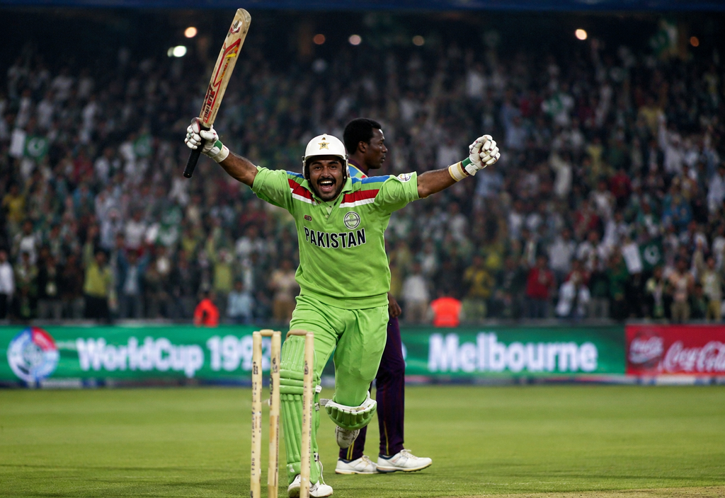Javed Miandad celebrates his famous last-ball six in a historic Pak vs Ind match