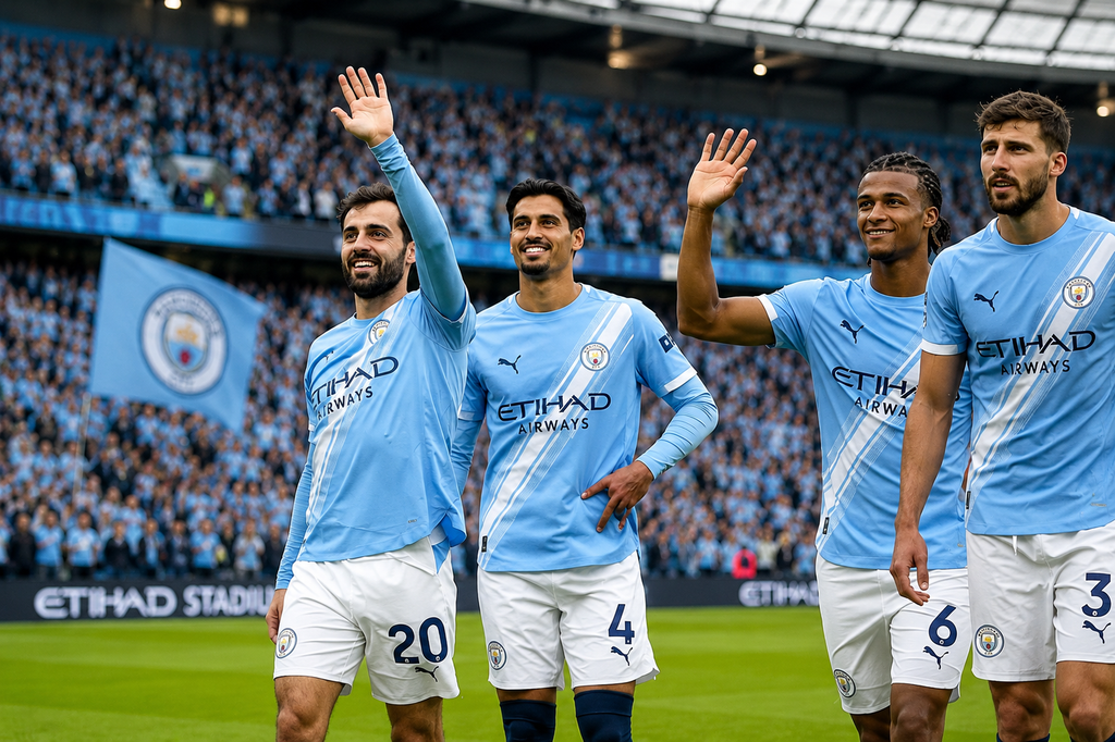 Manchester City players celebrating together during a football match