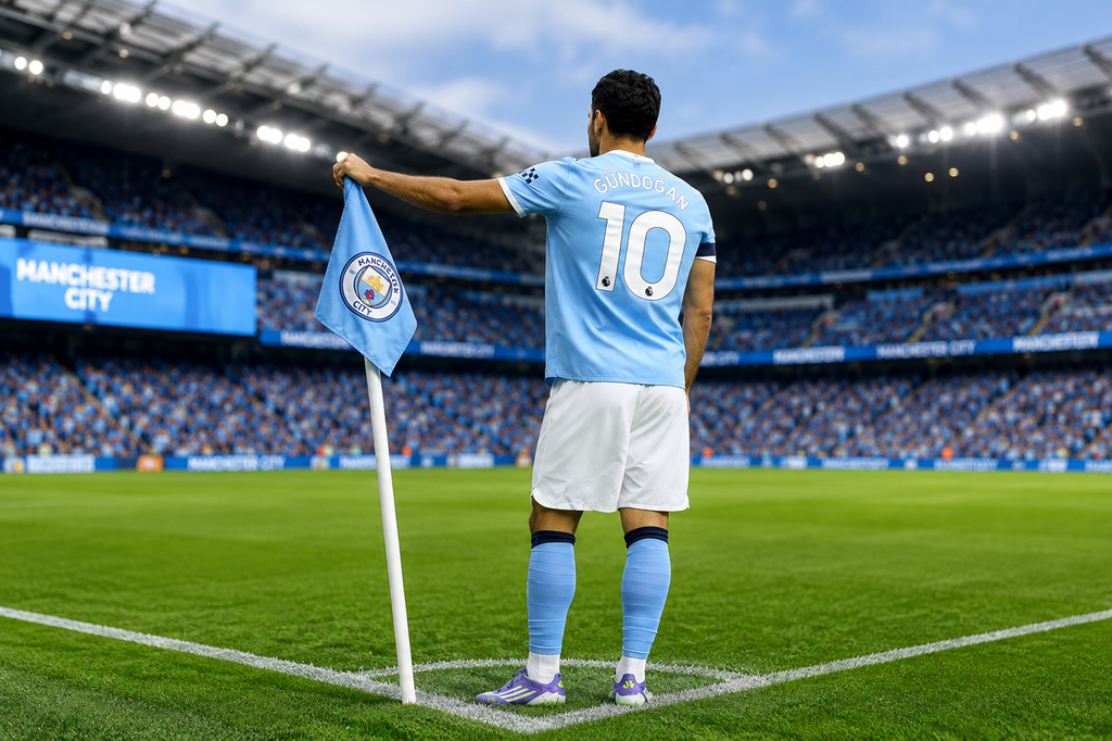Manchester City player standing at the corner flag during a football match