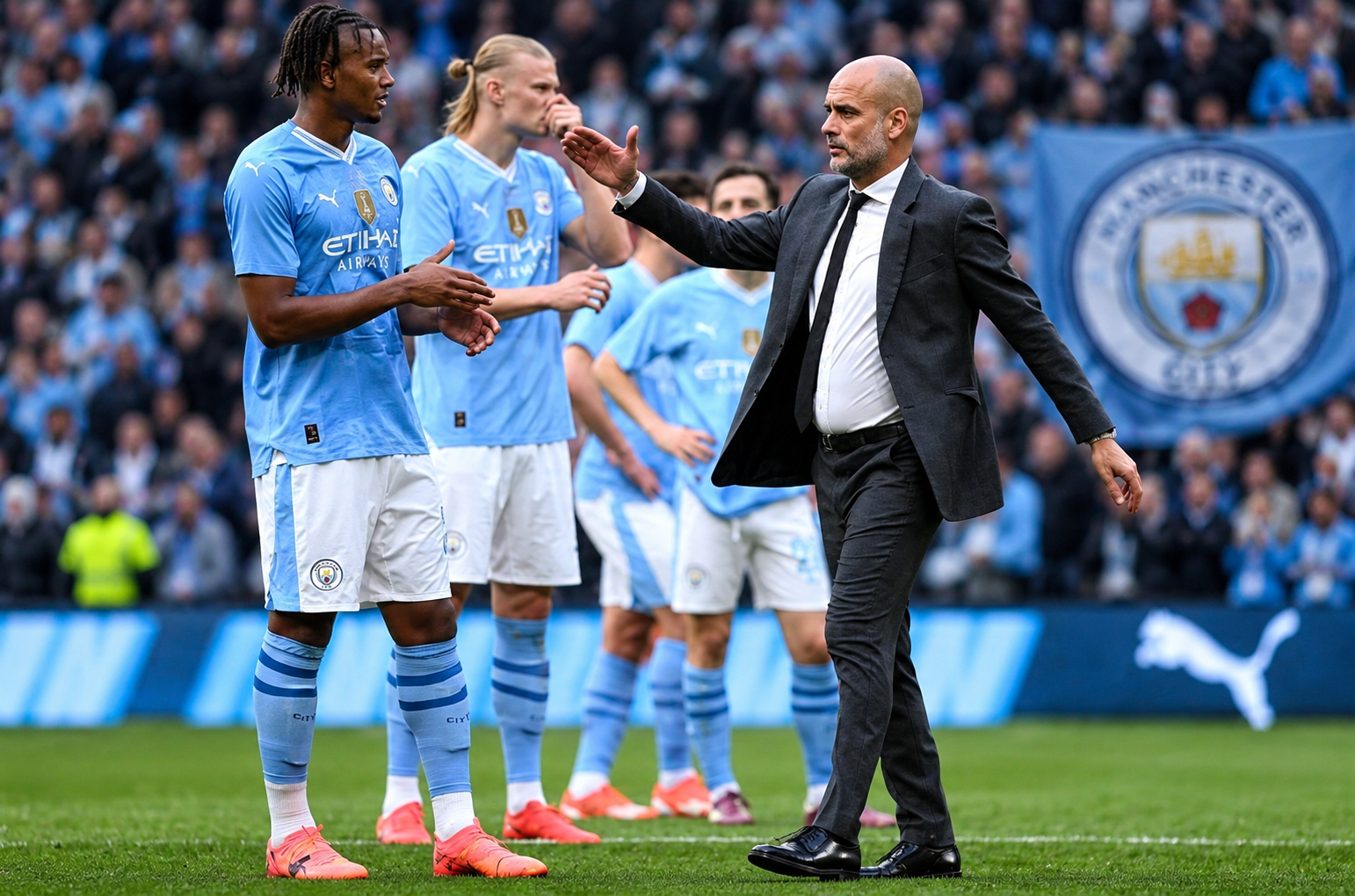 Manchester City Transfer News : coach speaking with players during a football match