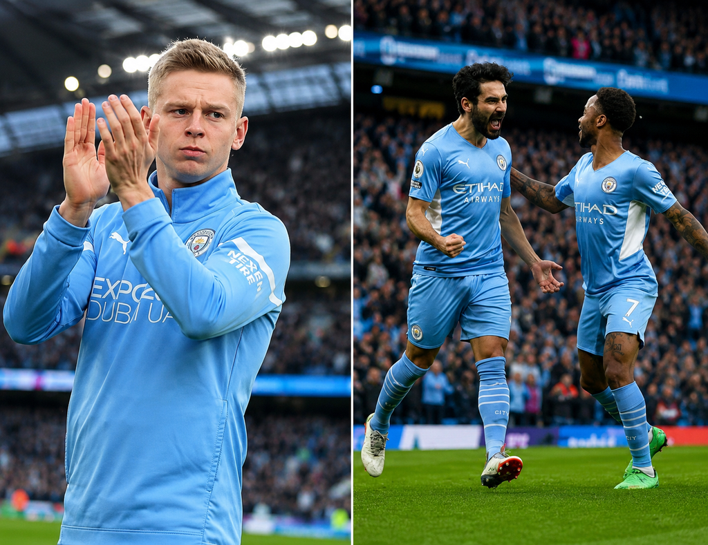 Manchester City players featured in a football transfer news collage