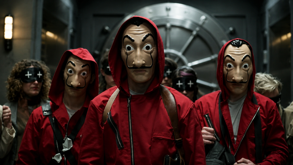 Money Heist masked robbers in red jumpsuits