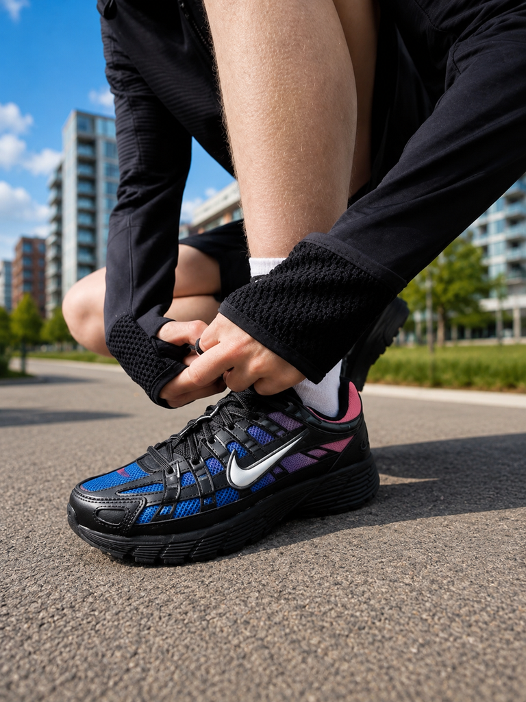 Blue Nike P6000 sneaker being worn outdoors