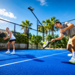 Paddle tennis players competing during a match on an outdoor court
