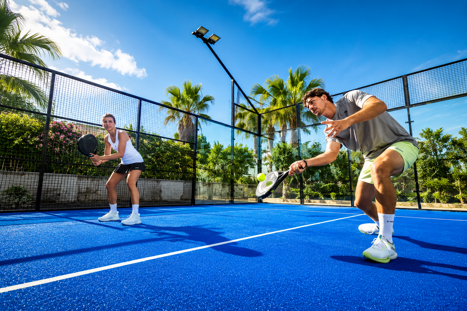Paddle tennis players competing during a match on an outdoor court
