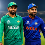 Pak vs Ind cricket match featuring Pakistan and India players in an intense stadium atmosphere