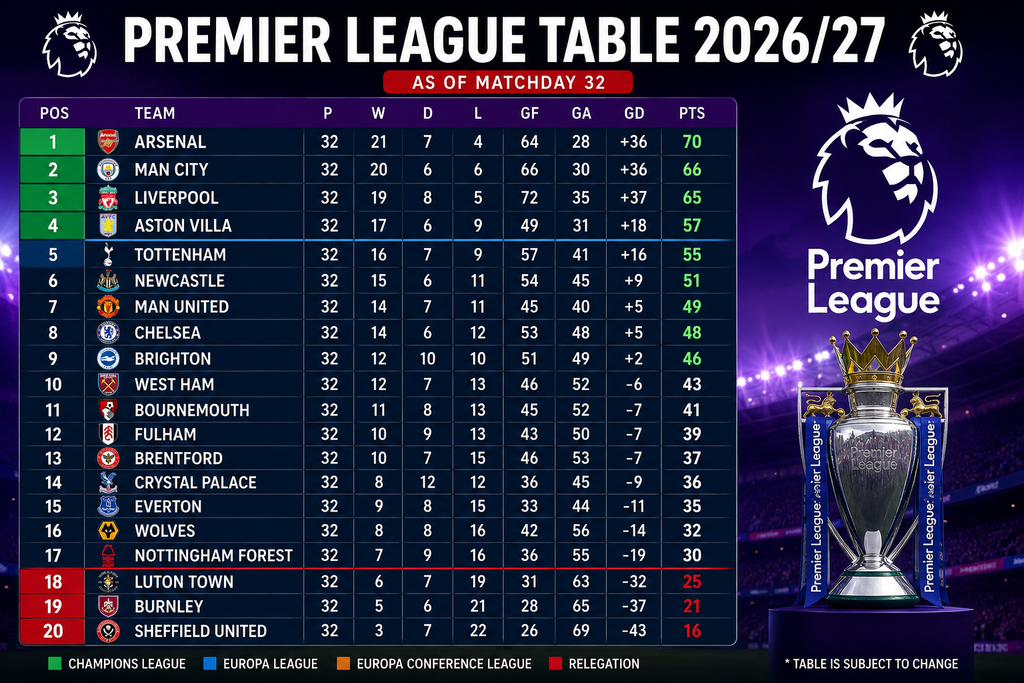 Premier League table 2026/27 standings