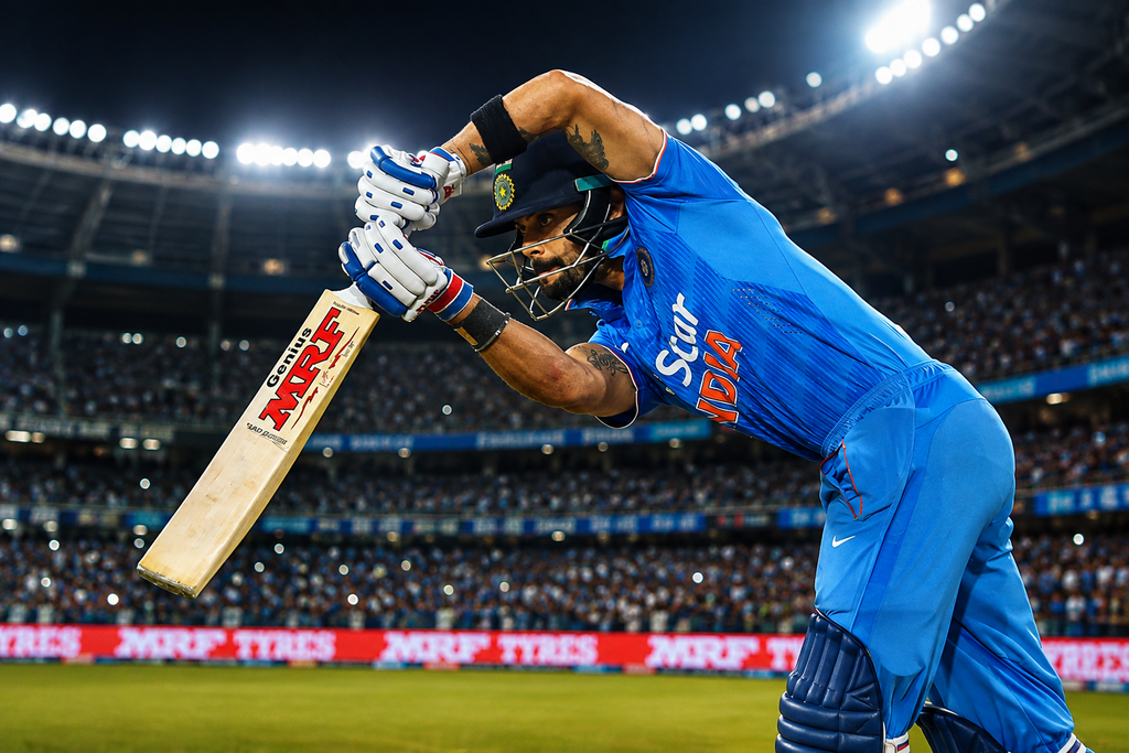 Virat Kohli playing a powerful cricket shot for India