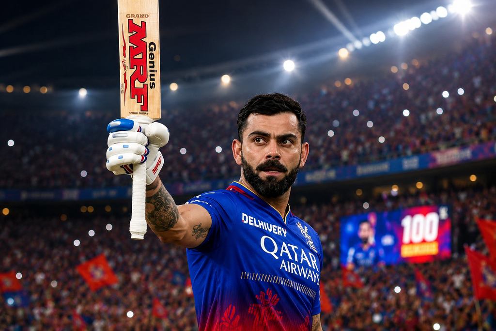Virat Kohli raising his bat after a memorable cricket innings