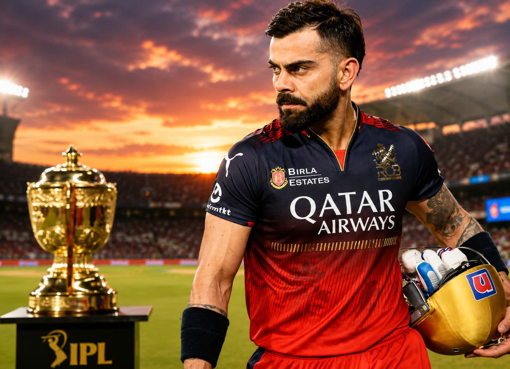 Virat Kohli standing with an IPL trophy during a cricket stadium event