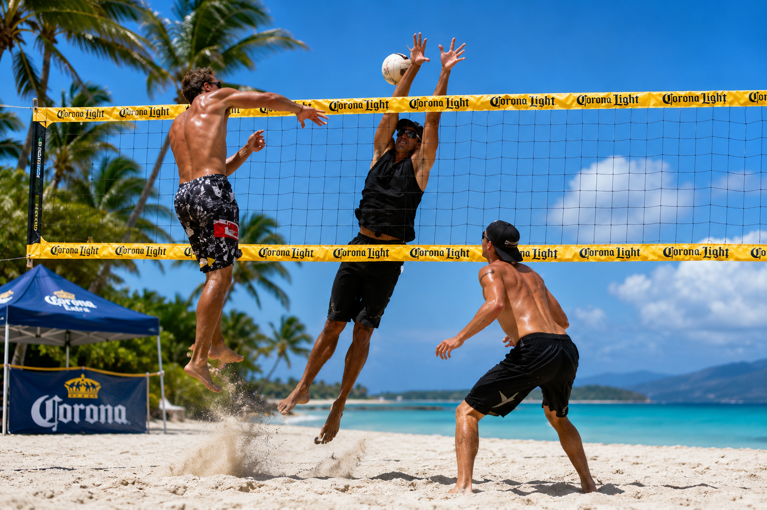 Professional beach volleyball players competing at the net