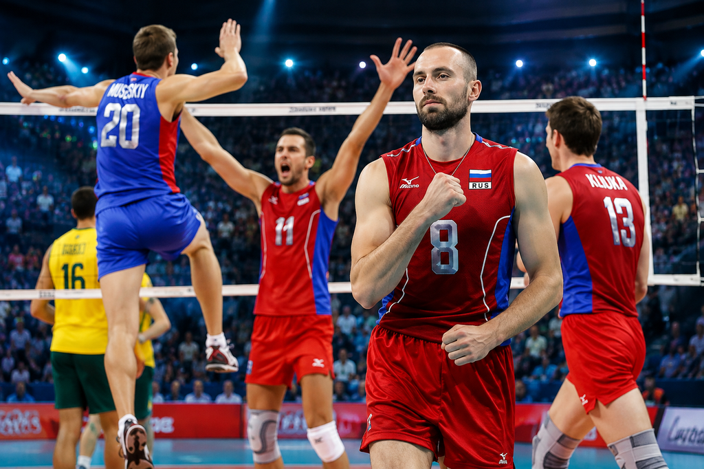 Professional indoor volleyball players celebrating during a match