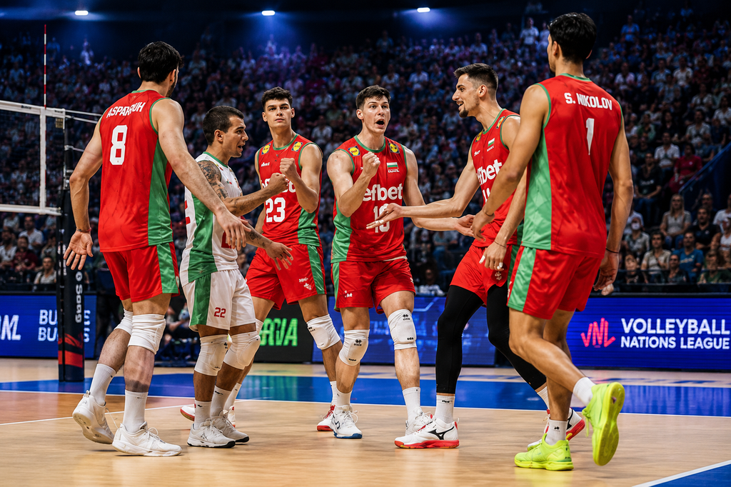 Professional volleyball team celebrating during an international match