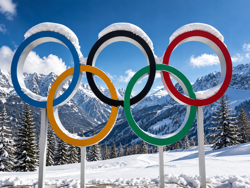 Winter Olympics 2026 Olympic rings in a snowy mountain setting