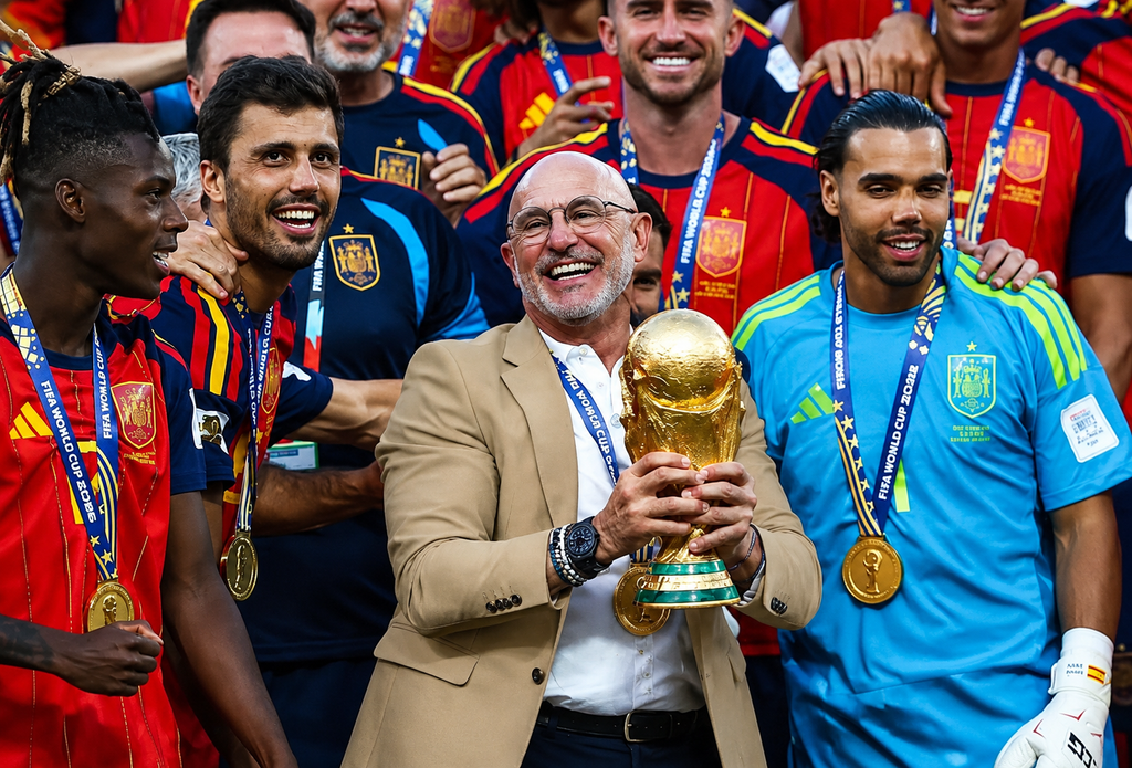 Spain football team celebrating with the World Cup trophy ahead of World Cup 2030
