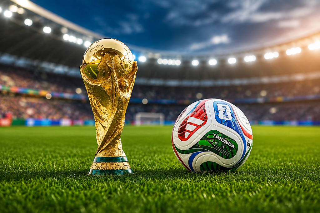 World Cup trophy and football on a stadium pitch for World Cup 2030