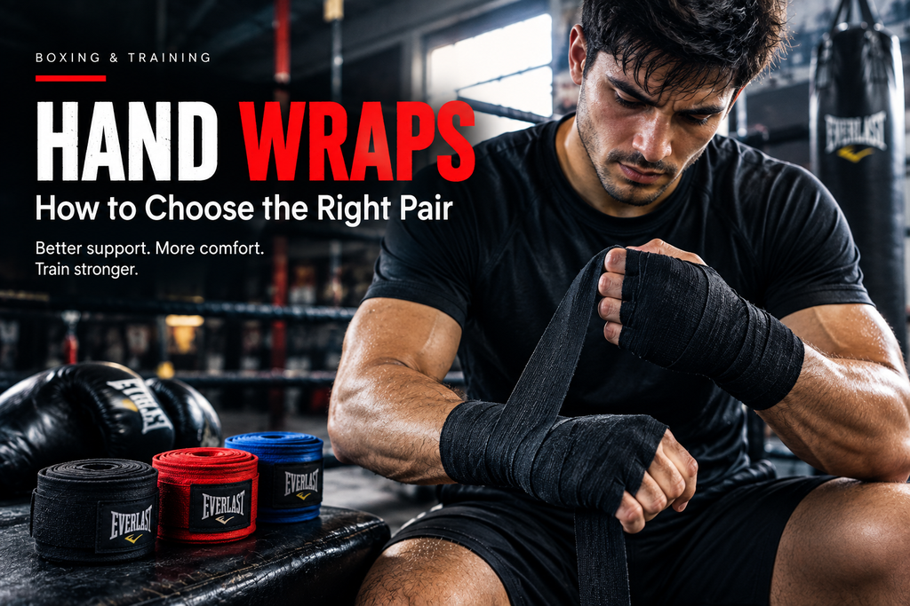Boxer wearing black hand wraps during training in a boxing gym