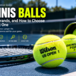 Tennis ball on a blue tennis court beside a racket