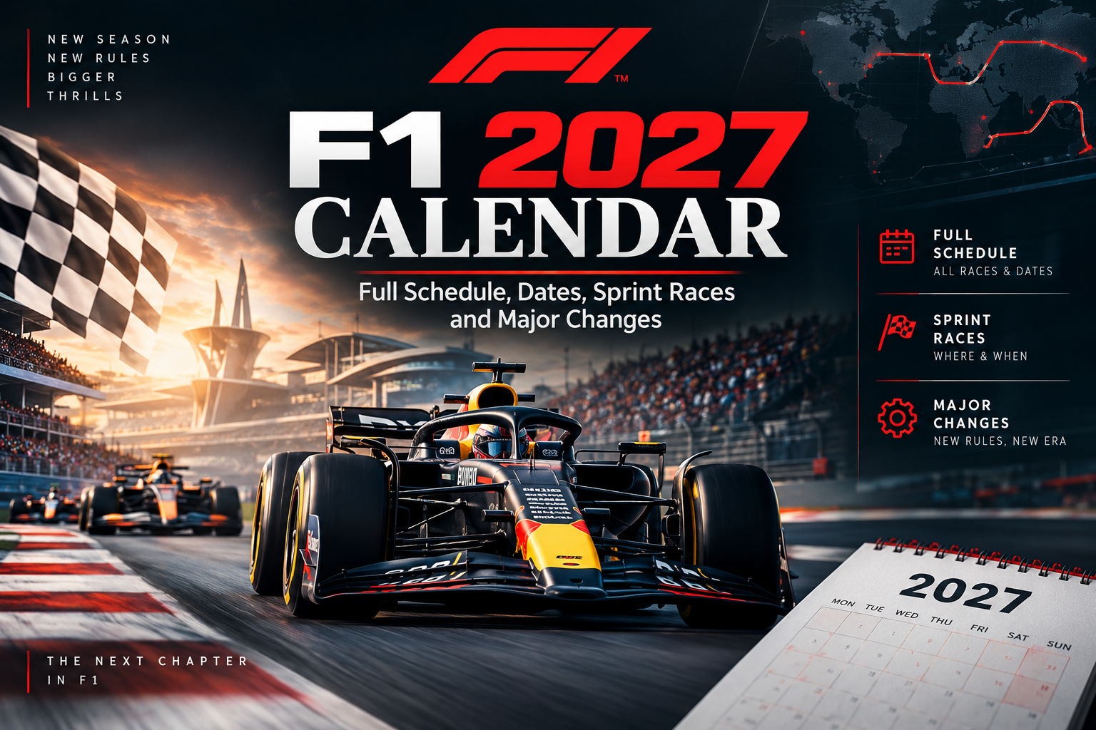 F1 2027 calendar with Formula 1 race car and Grand Prix schedule