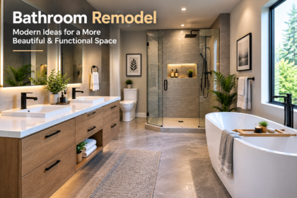 Modern bathroom remodel with a luxury shower, bathtub and stylish vanity
