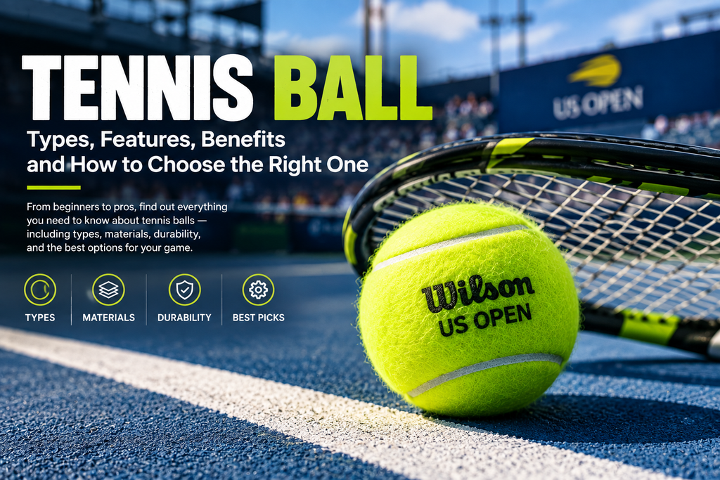 Tennis ball on a blue tennis court beside a tennis racket.