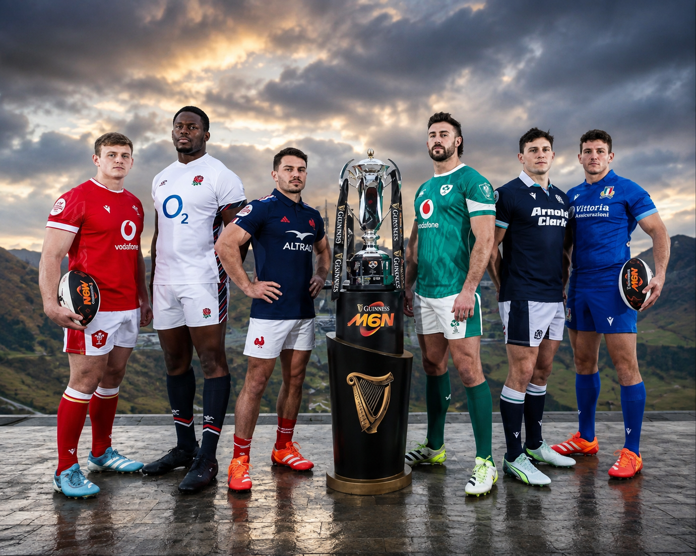 Six Nations Championship rugby teams and trophy